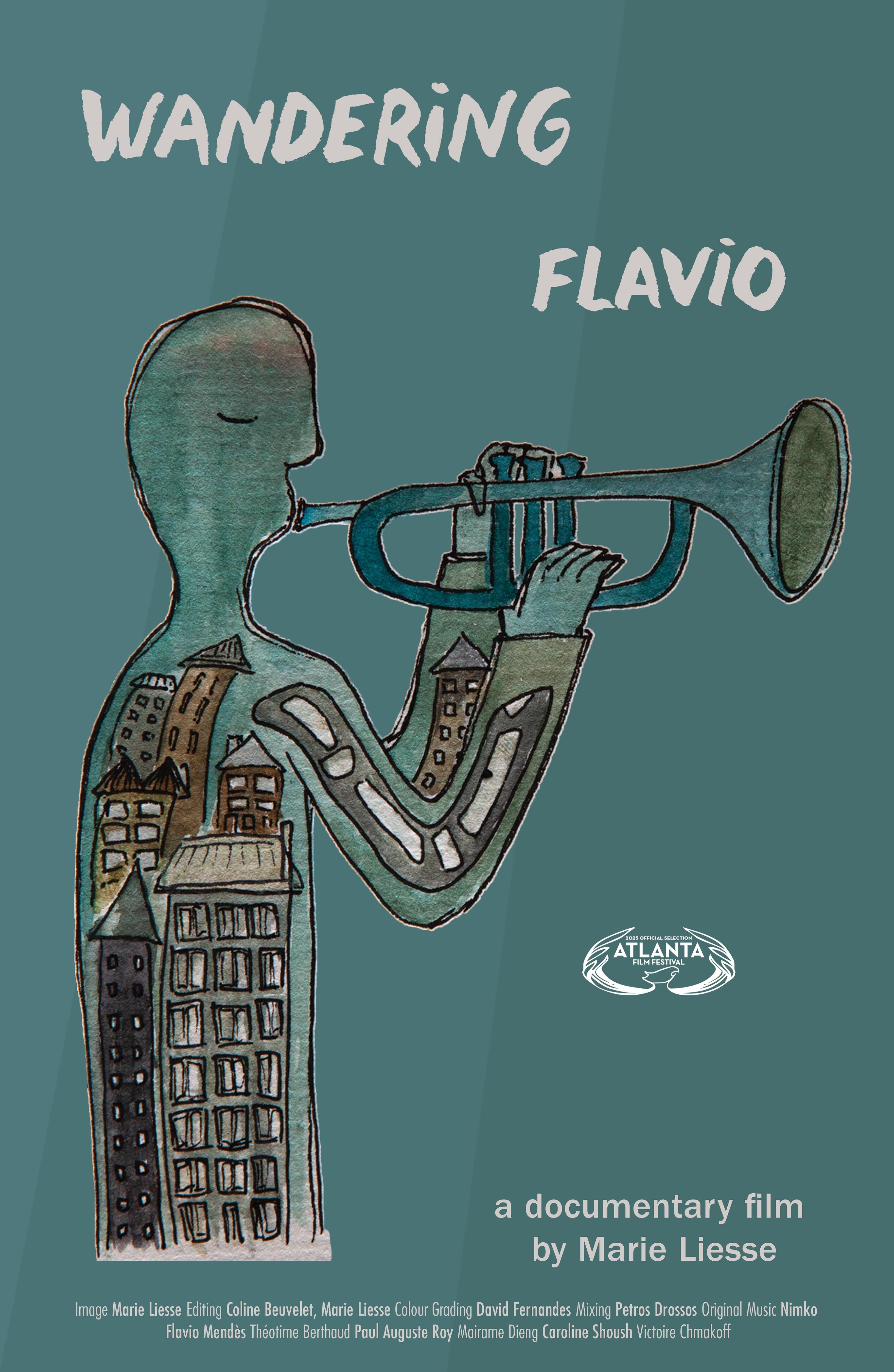 Poster for La Ballade de Flavio, a film by Marie Liesse, featuring an illustrated figure playing trumpet over a cityscape