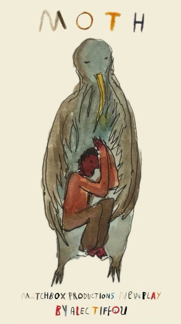 Poster for MOTH, a new play by Matchbox Productions, featuring a watercolour illustration of a large moth figure embracing a person